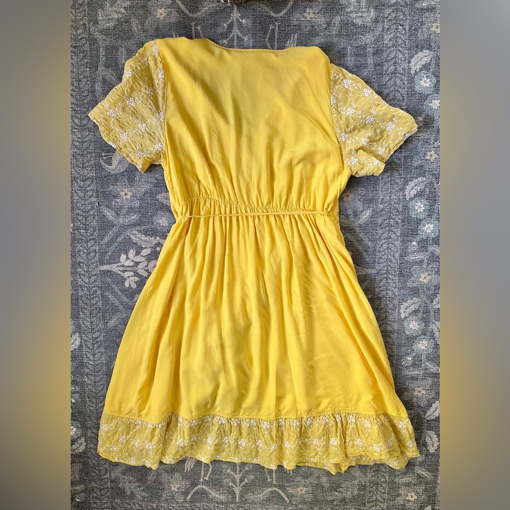 BloomChic Yellow Wrap Midi Dress with embroidered floral sleeves and hem - Picture 2 of 5